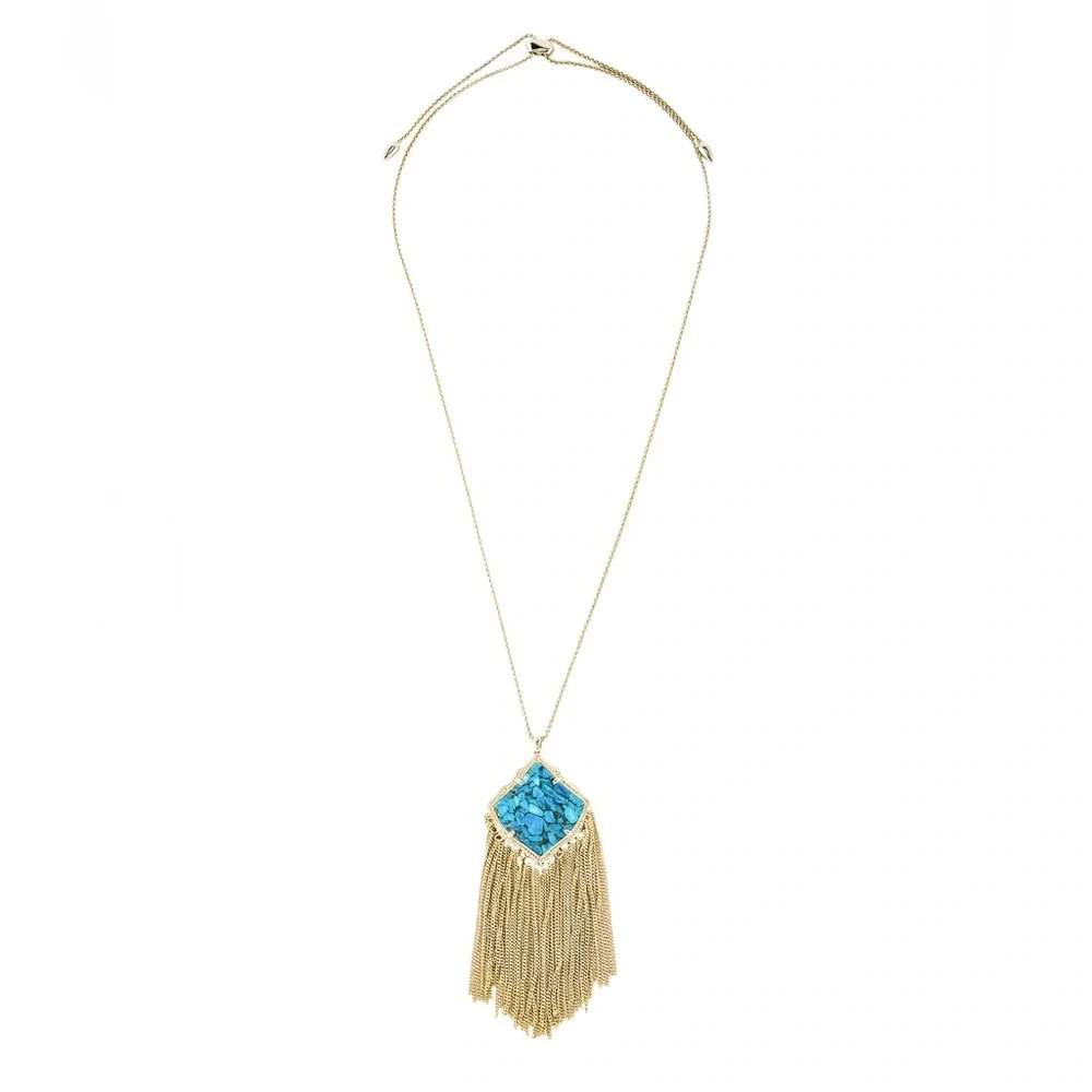 KENDRA SCOTT Kingston Gold Necklace w Turquoise  Stone Tassel Chain Pendant - Picture 3 of 12